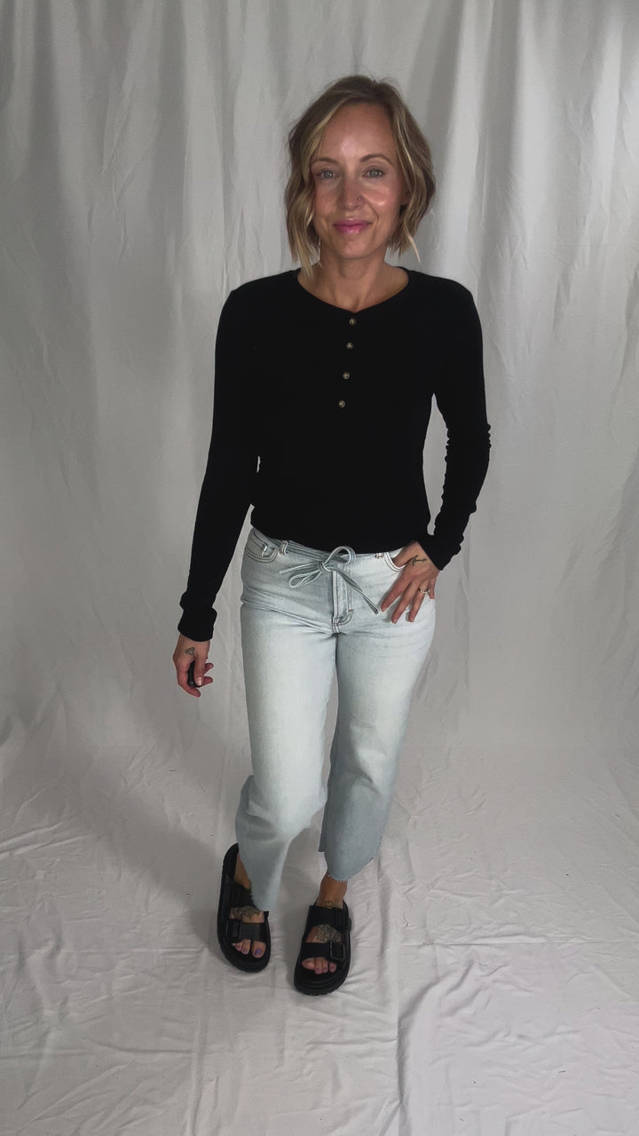 Macie Ultra Soft Long Sleeve Henley Top- BLACK