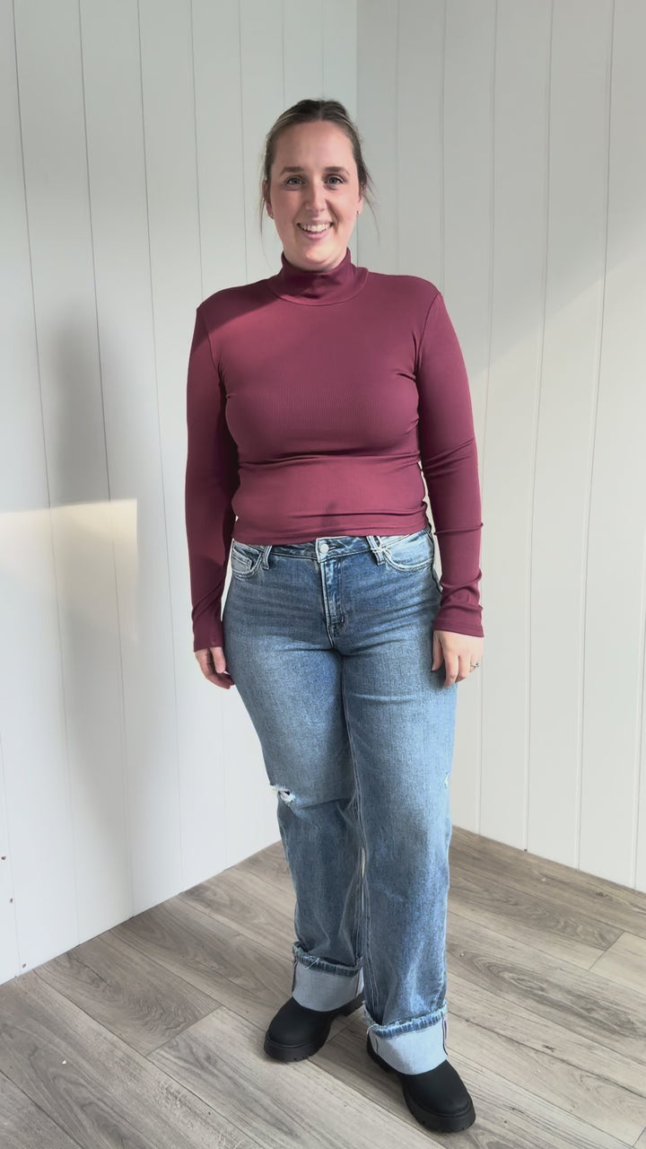 MONO B Linley Ribbed Mock Neck- ROSEWOOD