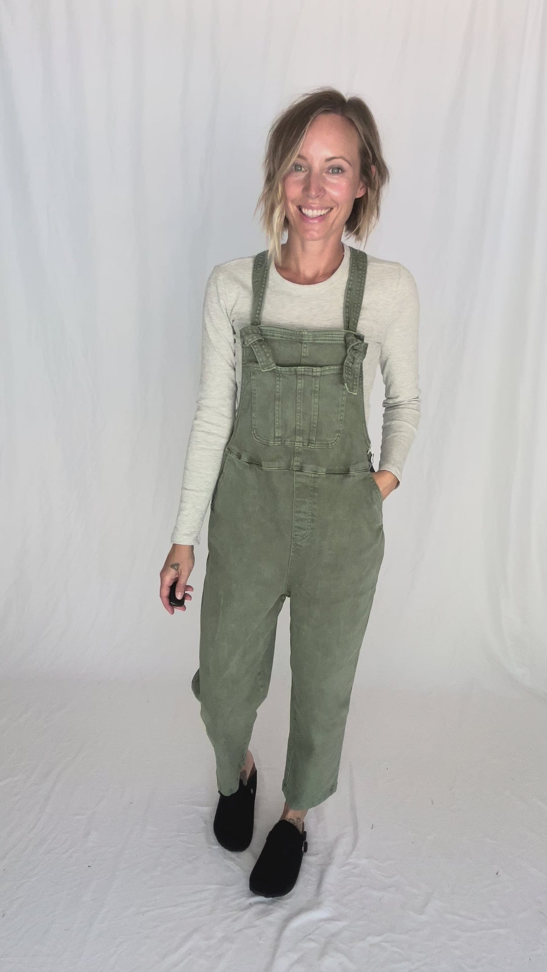 Katerina Washed Knot Strap Relaxed Fit Overalls- OLIVE