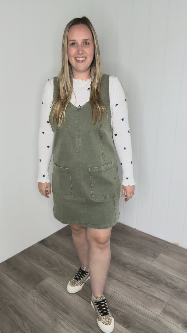 Duselle Stretch Denim Overall Mini Dress- ASH GREEN