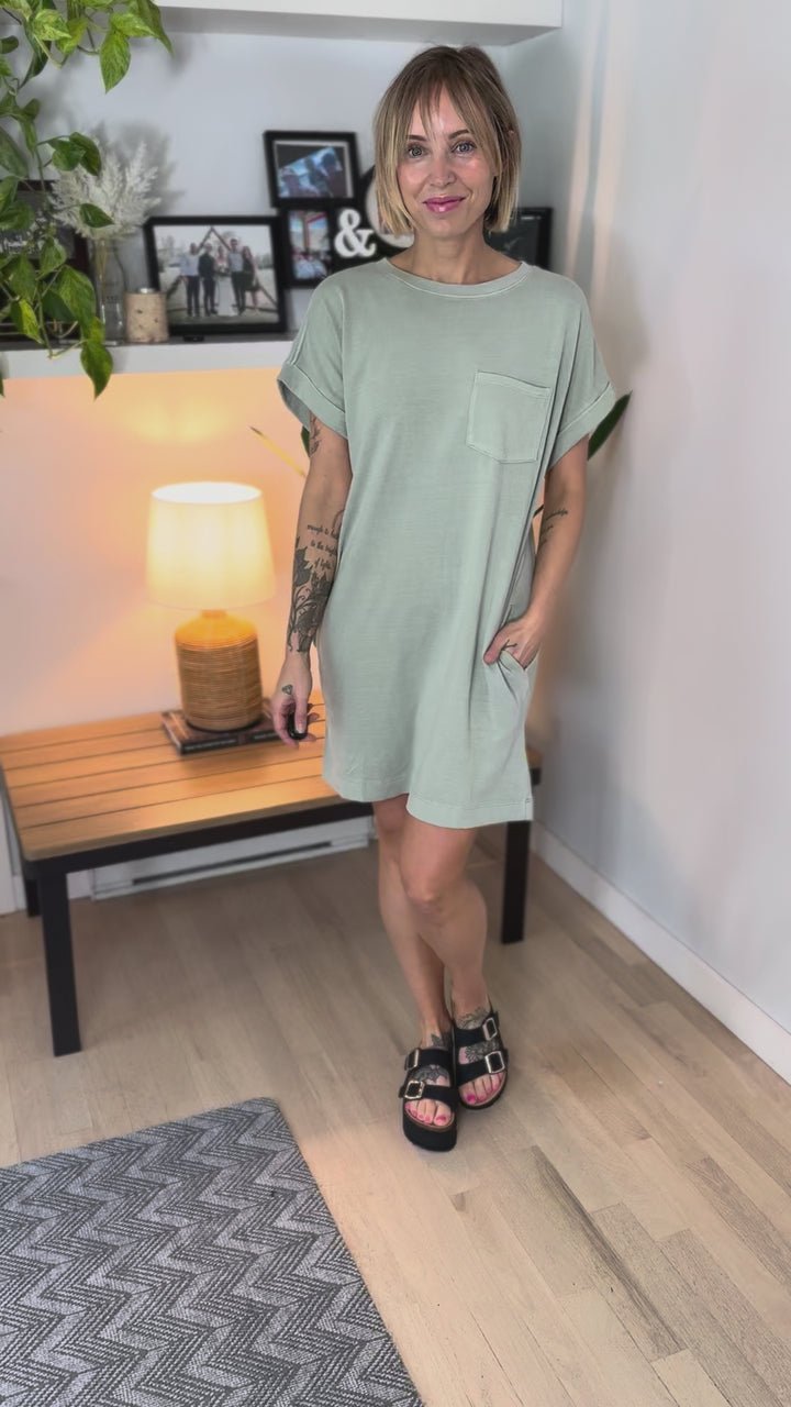 Wilder Washed Cotton T-shirt Dress- SAGE GREEN