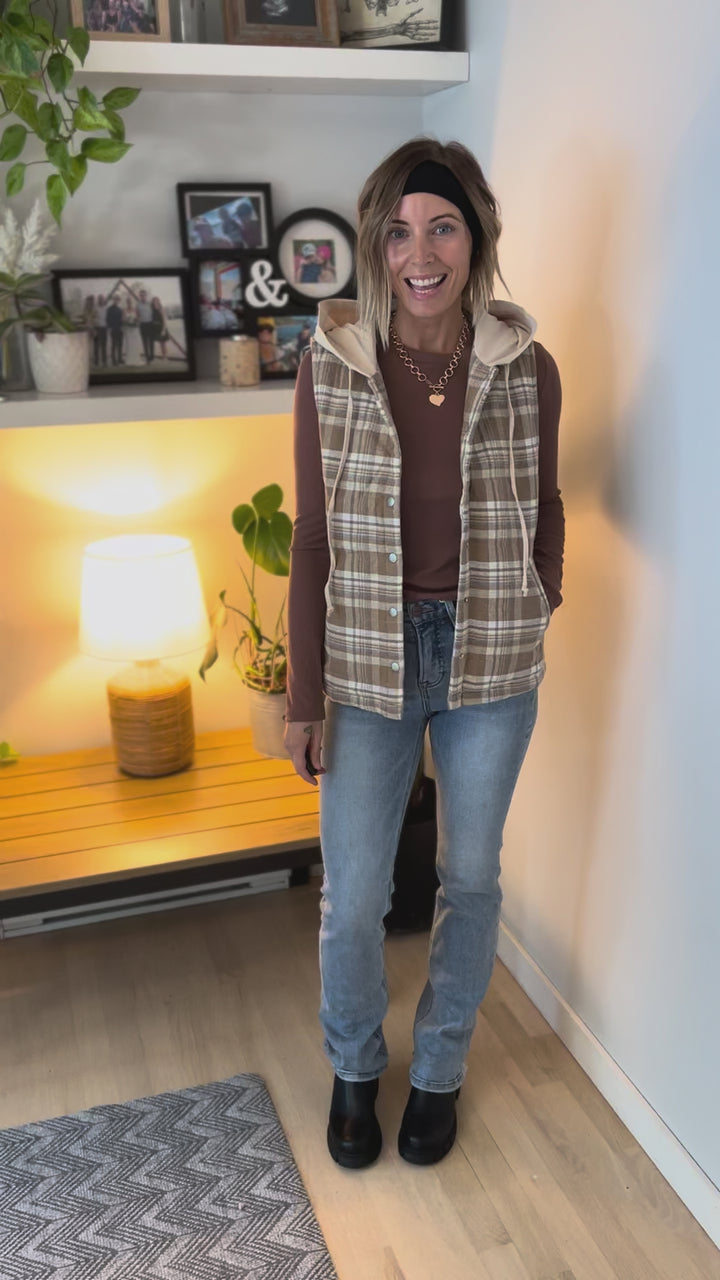 Willow Plaid Hoodie Vest- TAUPE