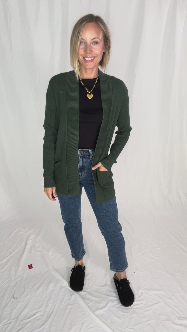 Otto Waffle Knit Cardigan- FOREST
