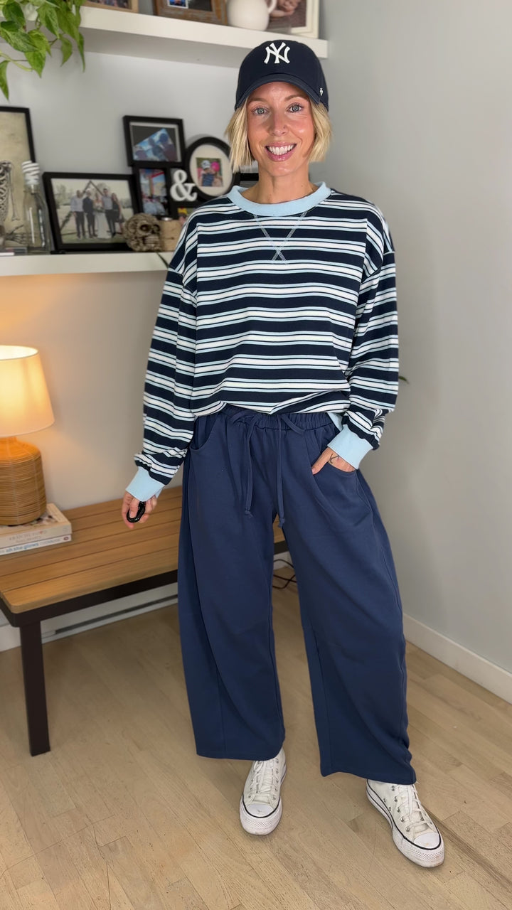 Zella Oversized French Terry Striped Sweatshirt- NAVY COMBO
