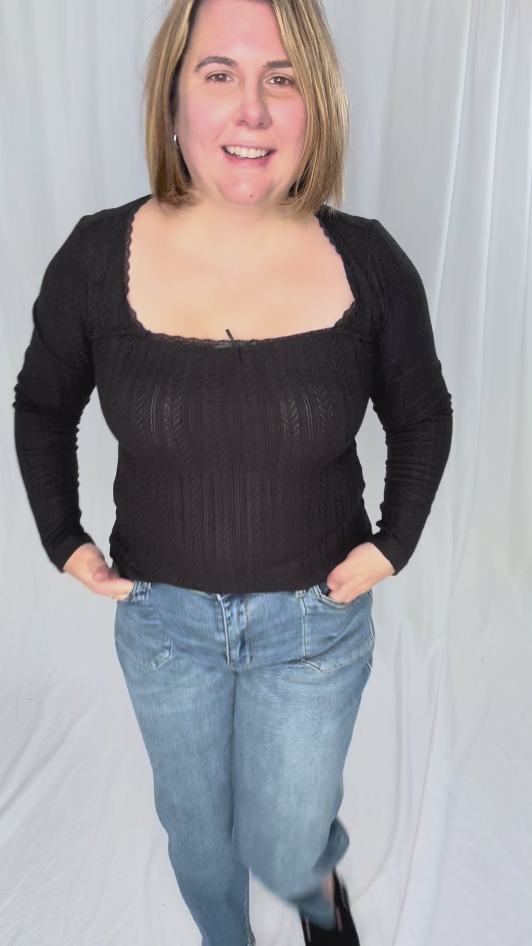 Kristin Edge Lace Neck Lace Detail Knit Top- BLACK