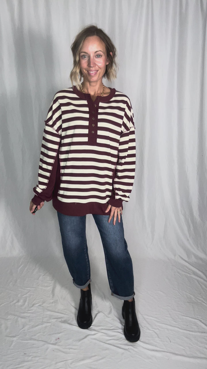 Brook 1/2 Button Pullover- BURGUNDY/CREAM