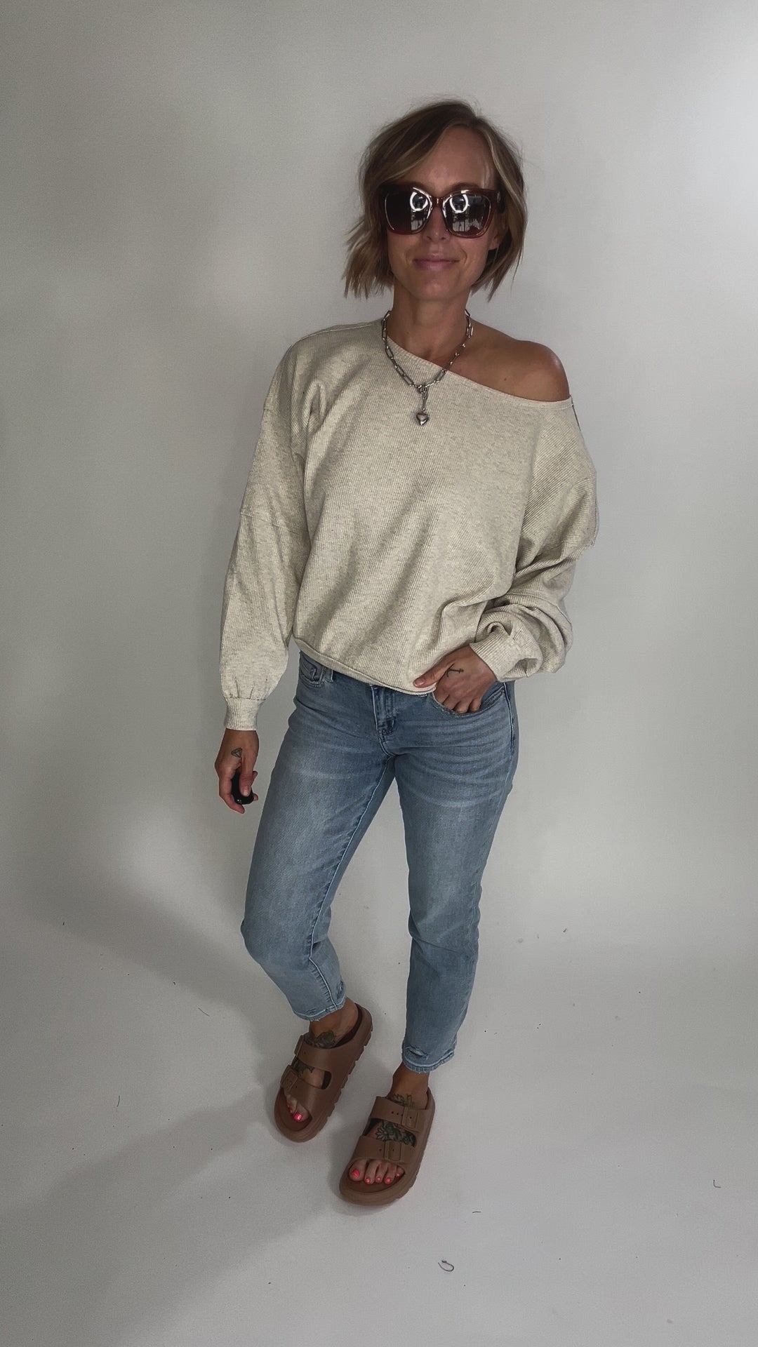 Ivy Waffle Boat Neck  Pullover- OATMEAL-FINAL SALE