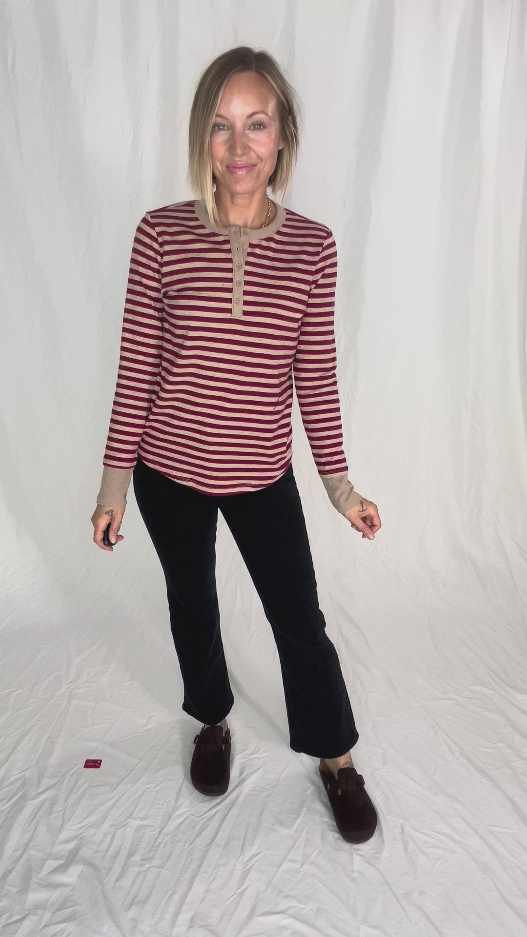 Aneta Stripe Henley- BURGUNDY