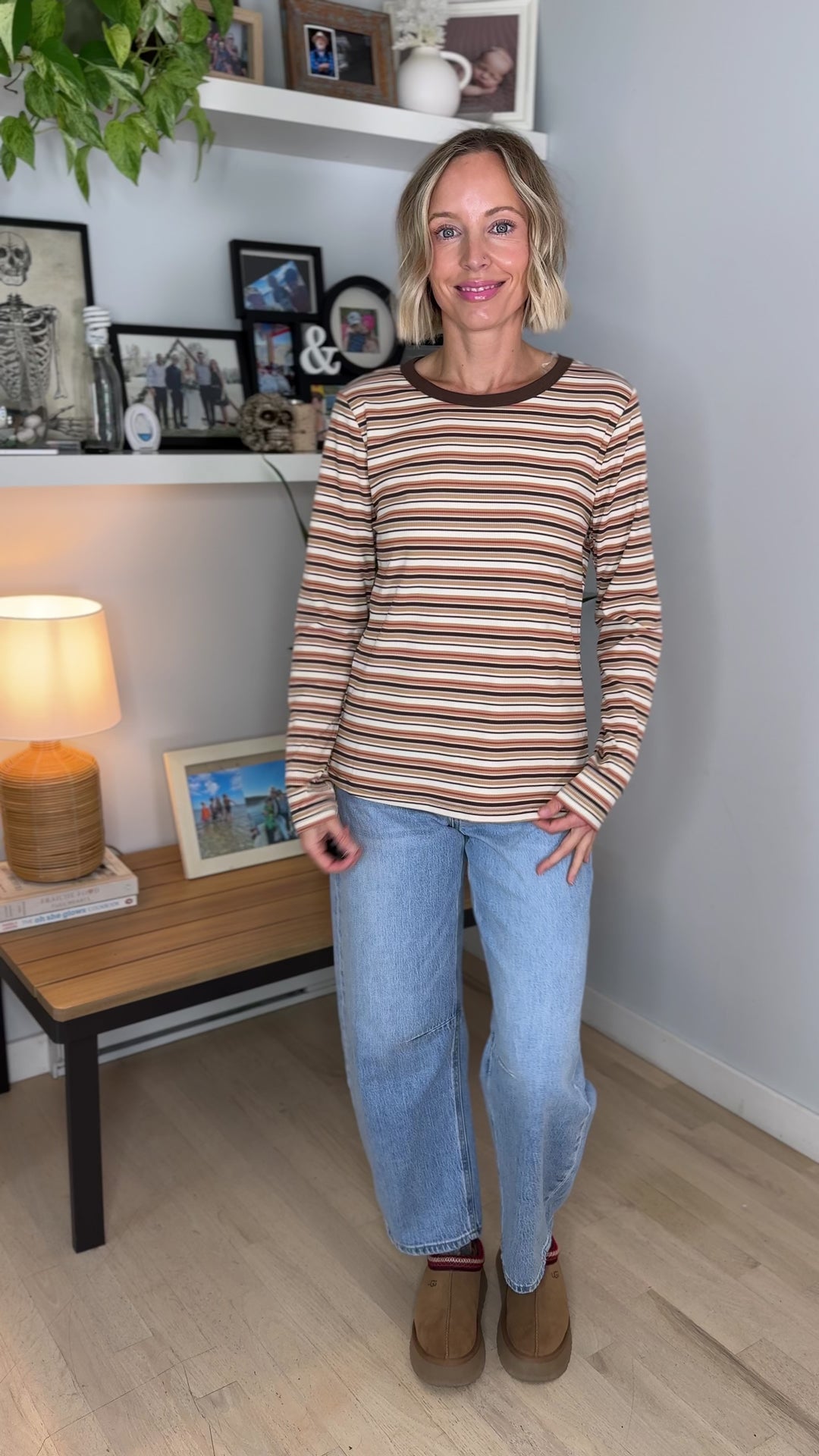 Alder Ribbed Crew Neck Long Sleeve- CAMEL/IVORY