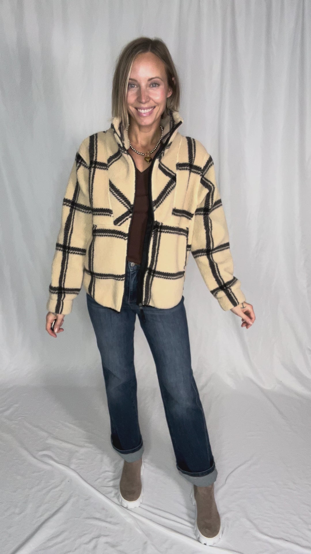Ainsley Plush Sherpa Full Zip- WOOD ASH PLAID