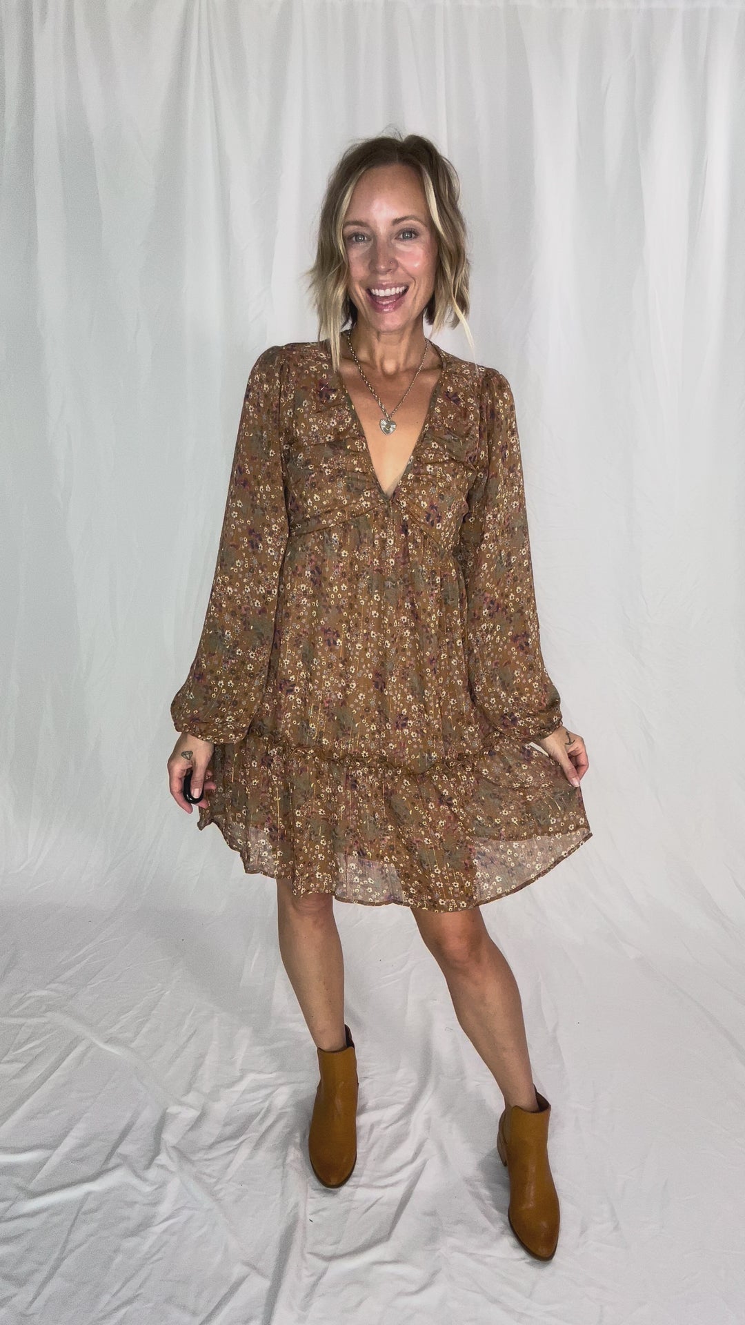 Cailyn Long Sleeve Floral Baby Doll Dress- MOCHA