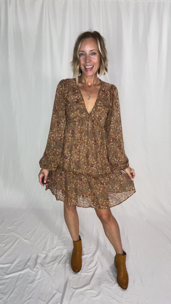 Cailyn Long Sleeve Floral Baby Doll Dress- MOCHA