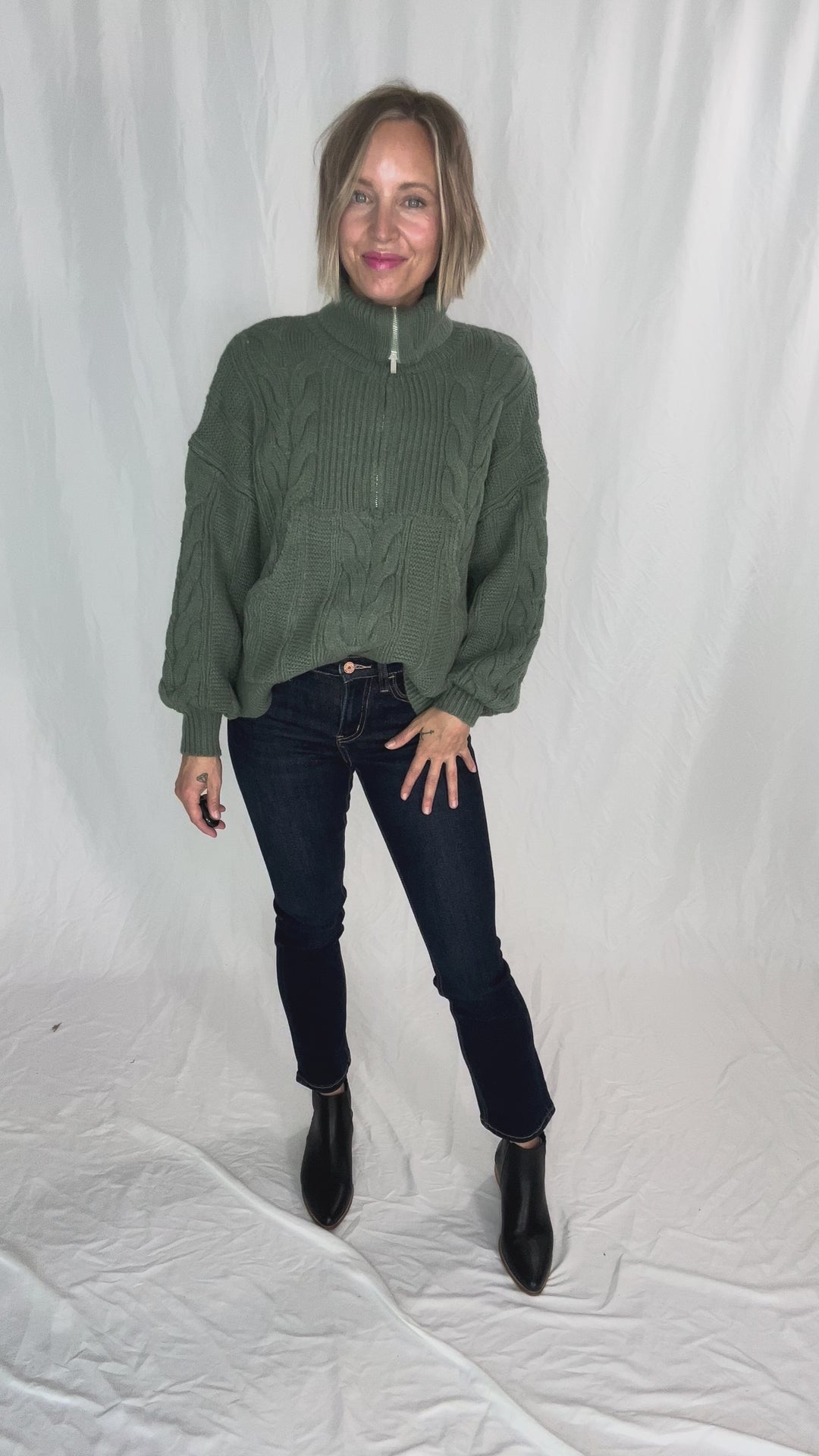 Kiki Cable Kint 1/2 Zip Sweater- SAGE
