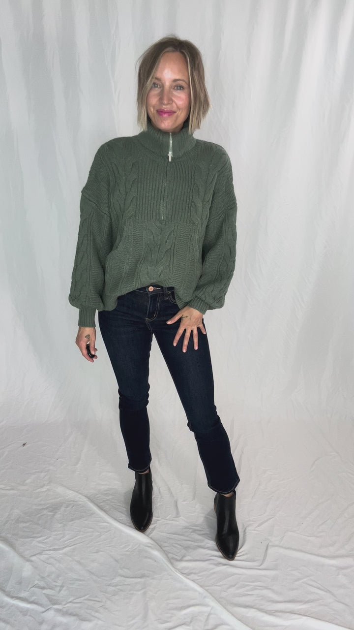 Kiki Cable Kint 1/2 Zip Sweater- SAGE