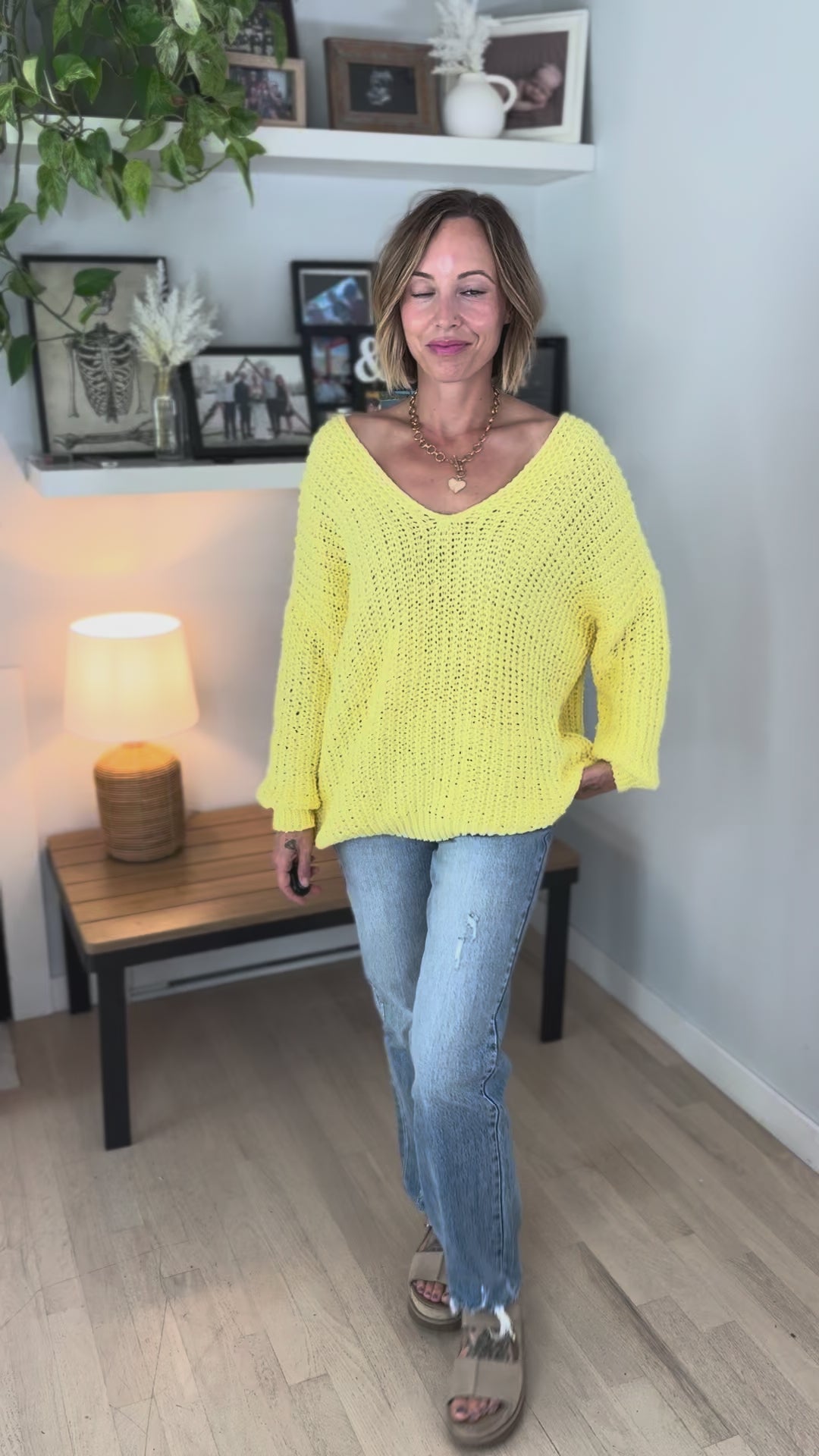 Cormella V-Neck Oversized Cable Knit Sweater- YELLOW