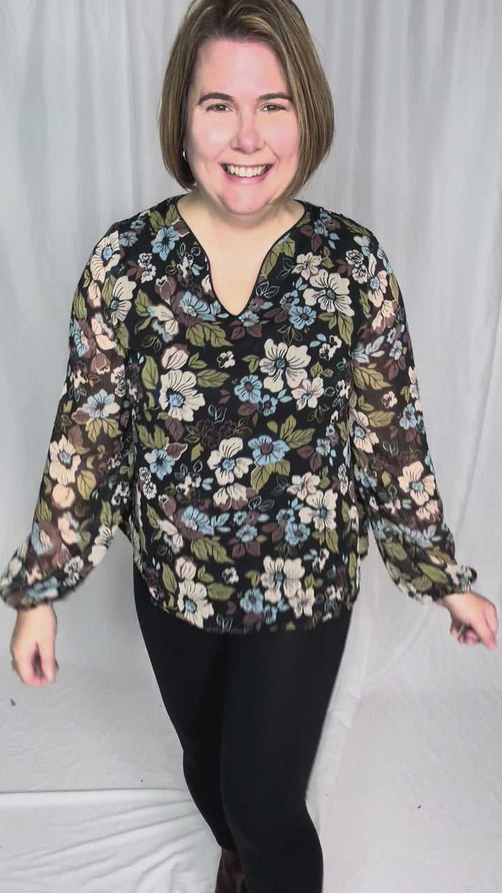 Elora Notch Neck Long Sleeve Floral Top- BLACK/MULTI FLORAL