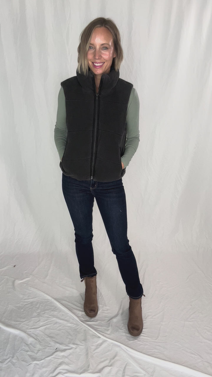 Jacklyn Denim Feel Zip Up Puffer Vest- CHARCOAL