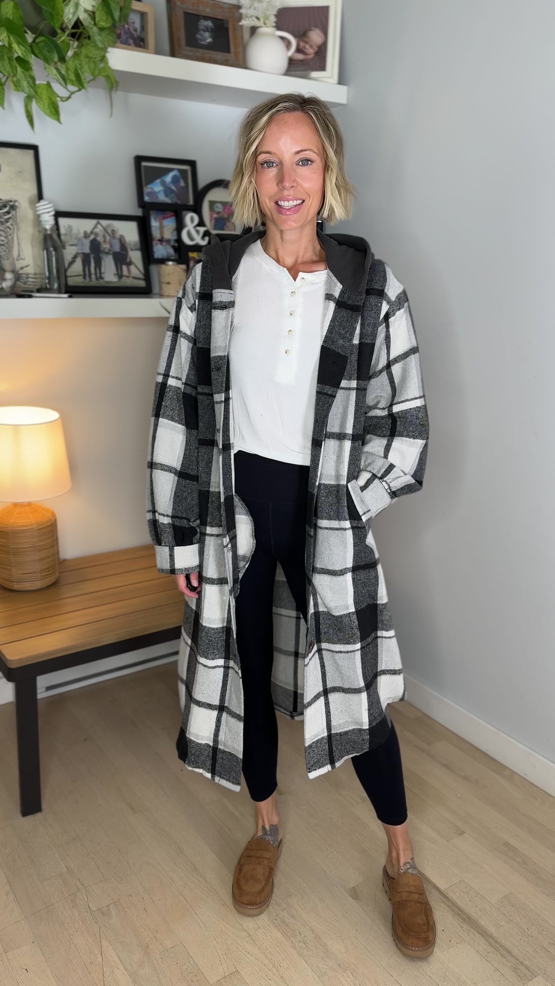 Pinewood Long Line Hooded Plaid Shacket- BLACK