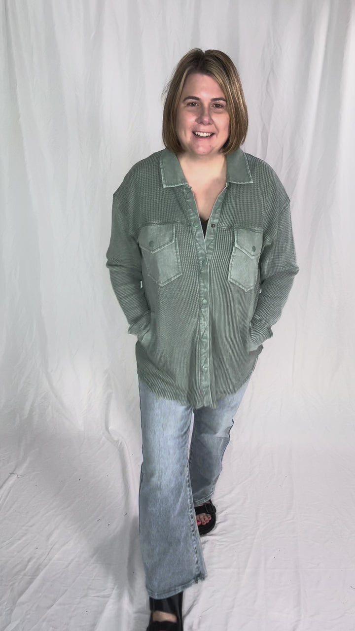 Mono B Marcia Waffle Knit Washed Button Down Jacket- SILKY PINE