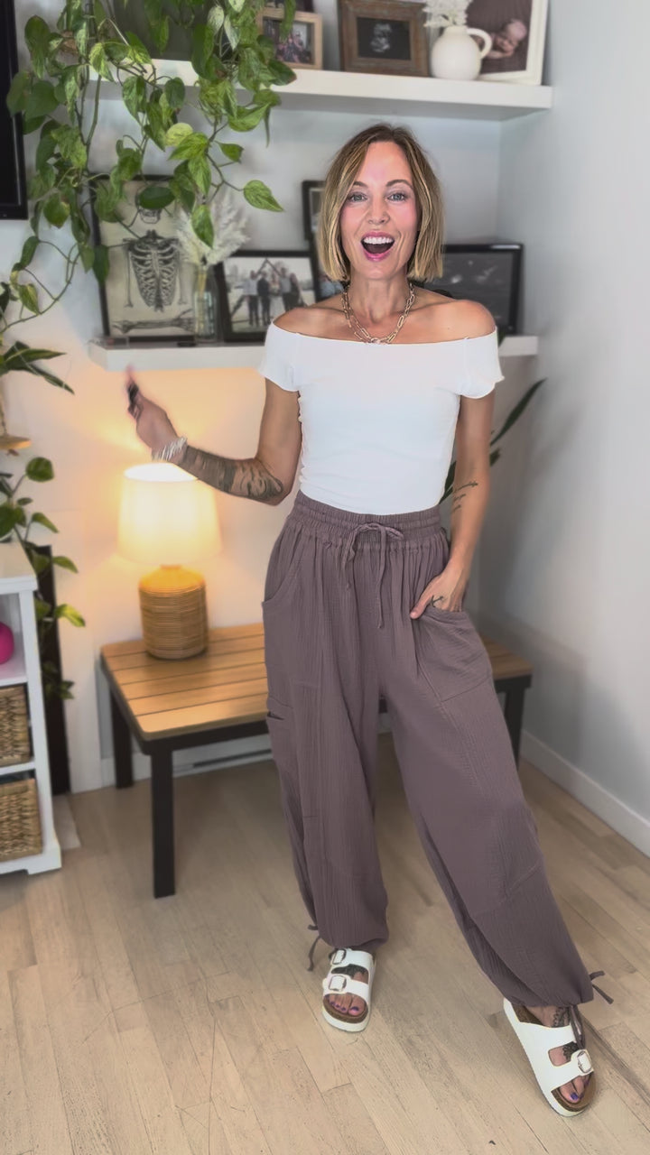 Goldie Cotton Gauze Harem Jogger- MUSHROOM