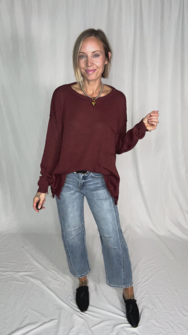 Sona Distressed Tunic SweaterSweater- MAHOGANY
