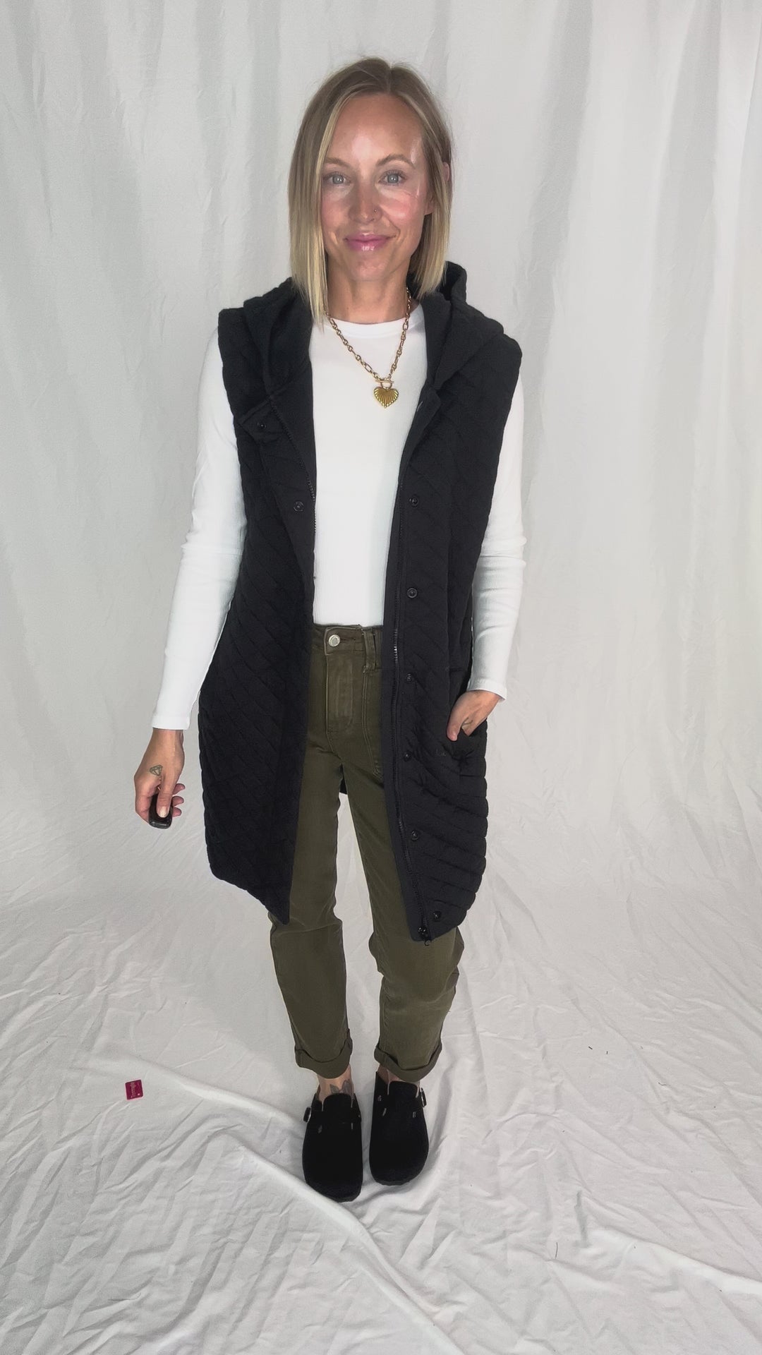 MONO B Solana Longline Quilted Vest- BLACK