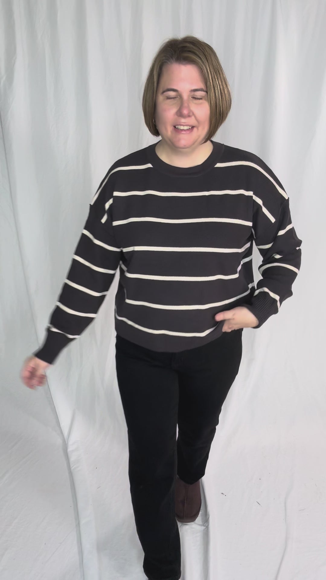 Fiora Striped Sweater With Drop Shoulder- CHARCOAL