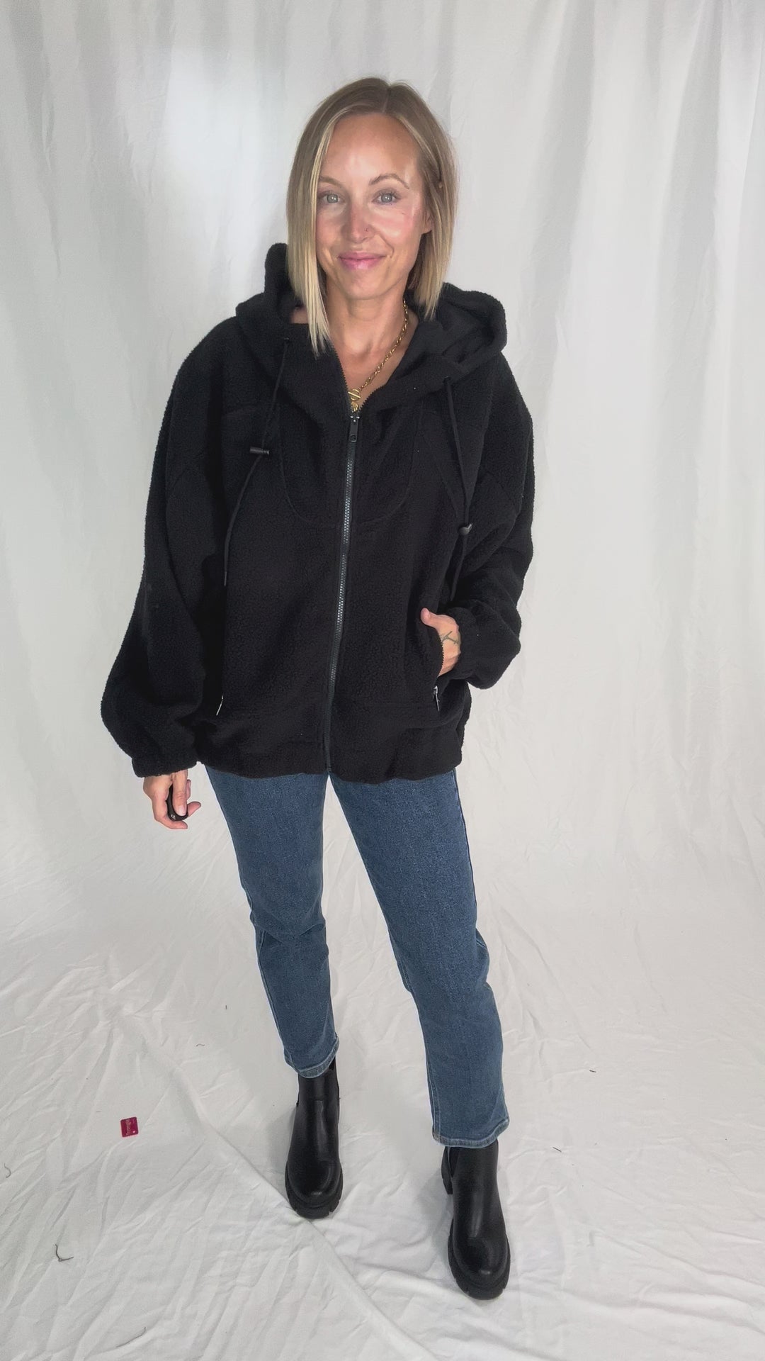 MONO B Oversized Alpine Fleece Zip Up Hoodie- DEEP NAVY