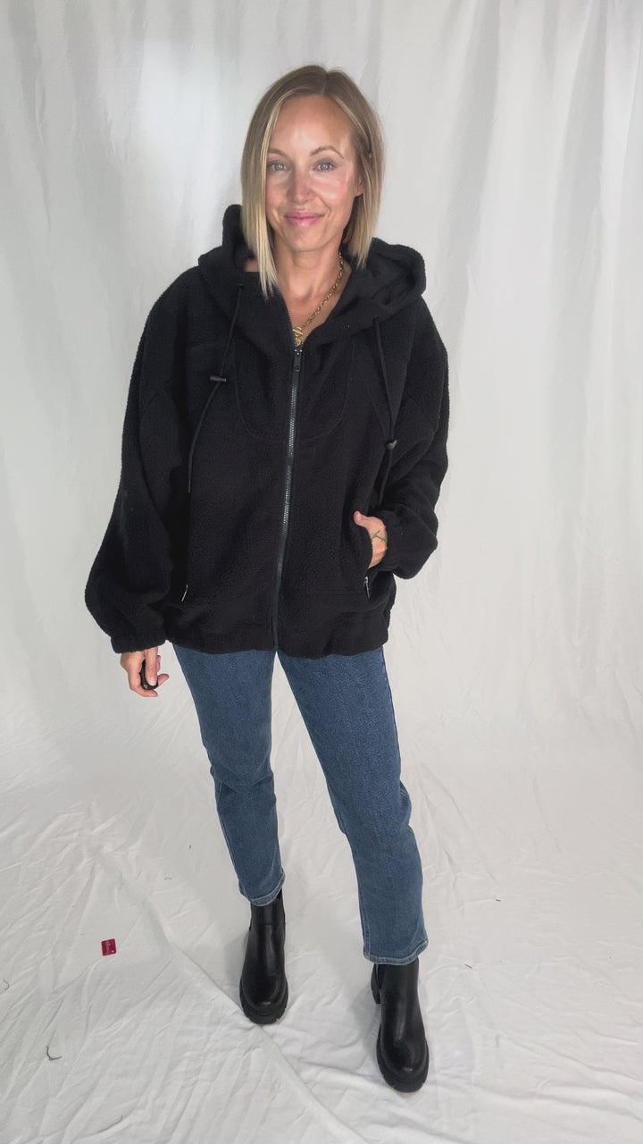 MONO B Oversized Alpine Fleece Zip Up Hoodie- DEEP NAVY