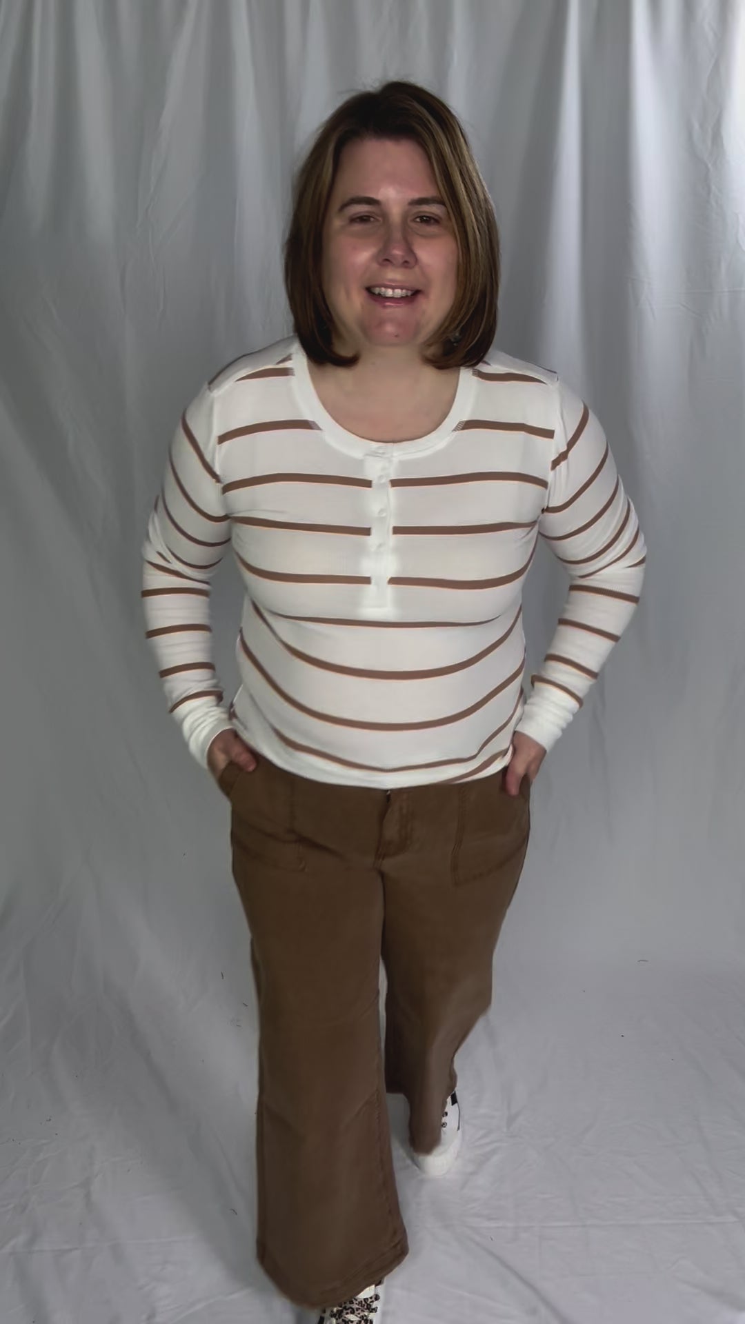 Chleo Classic Ribbed Striped Henley- CARAMEL