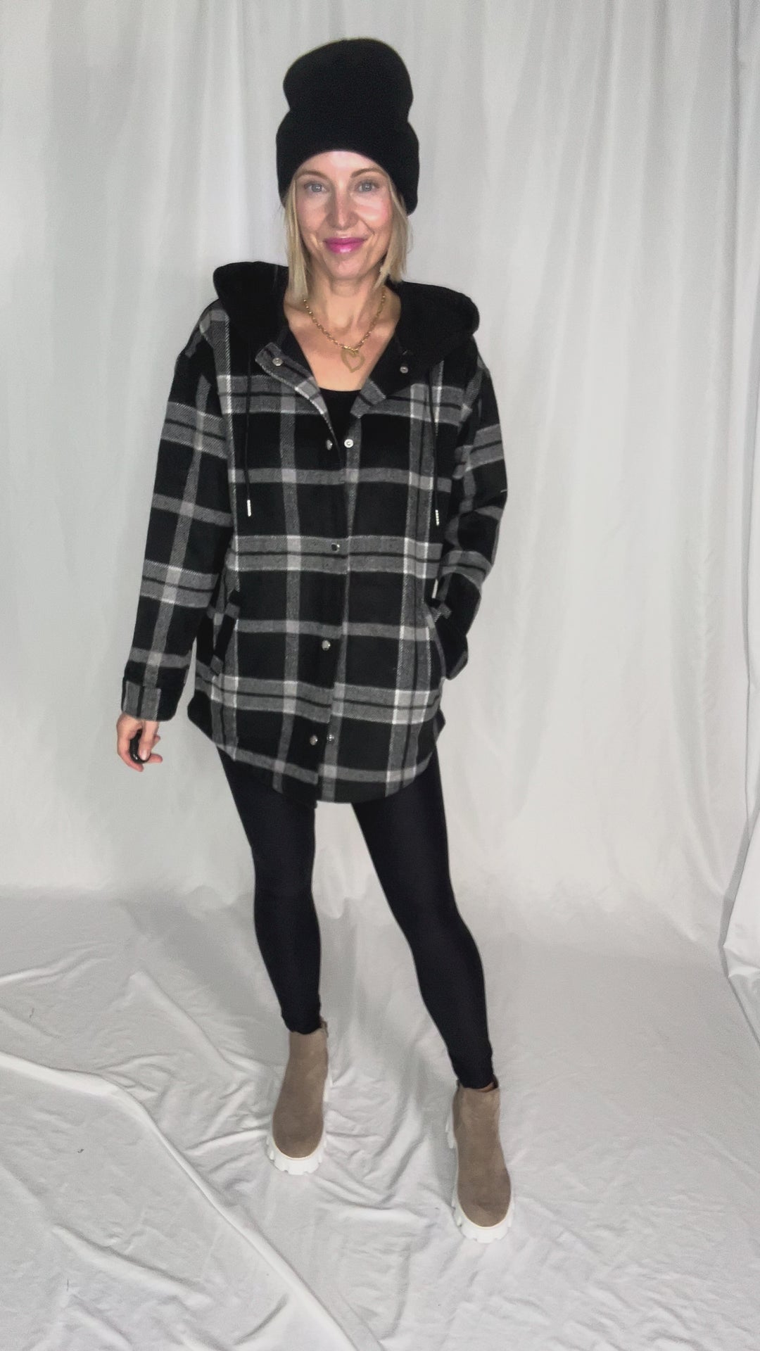 Cocoa + Cream Plaid Hooded Shacket- BLACK