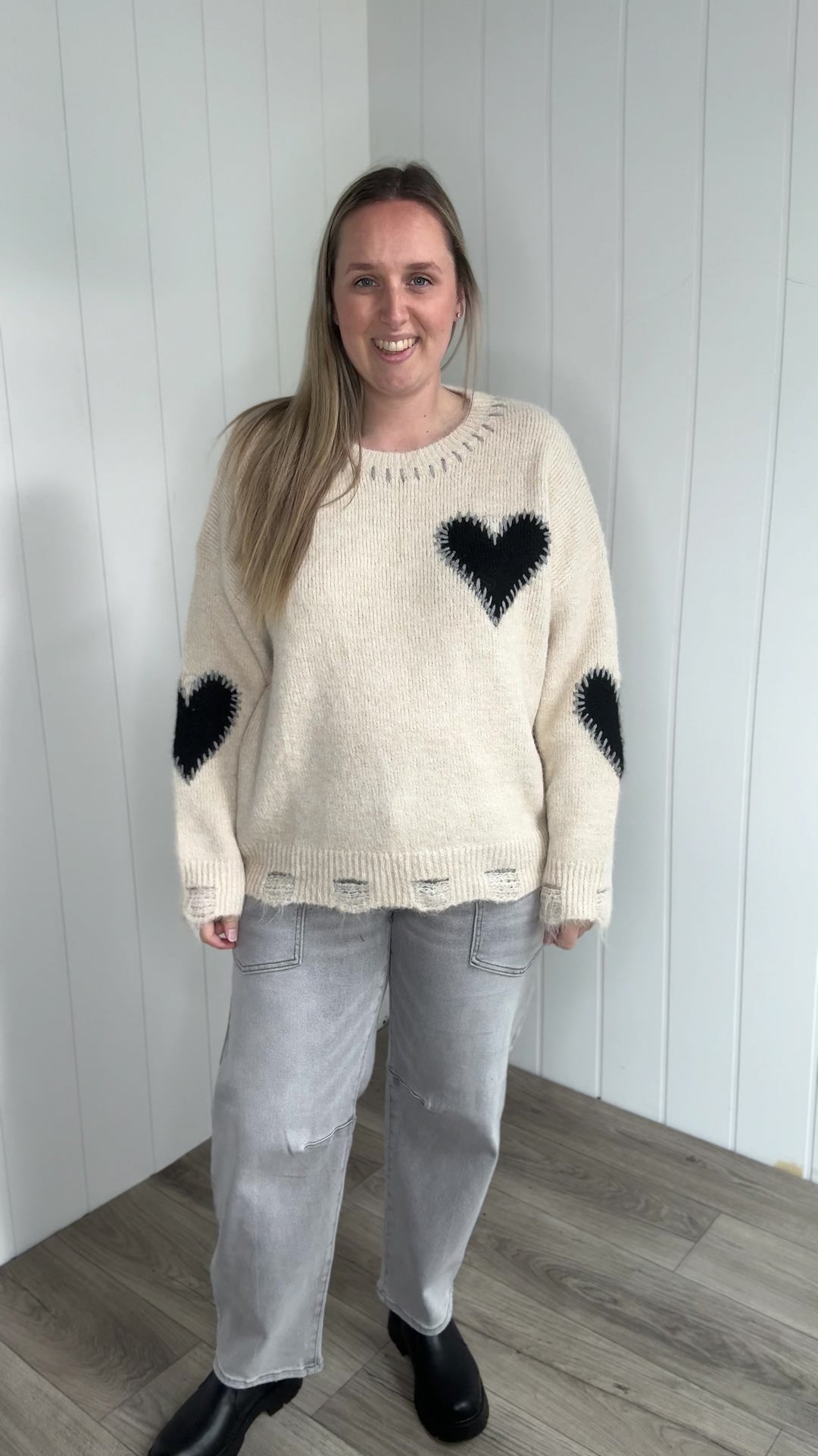 Cherish Distressed Heart Sweater- OATMEAL
