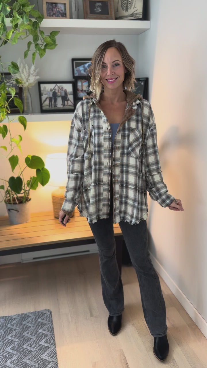 Erin Hooded Plaid Button Down Jacket- MOCHA NAVY