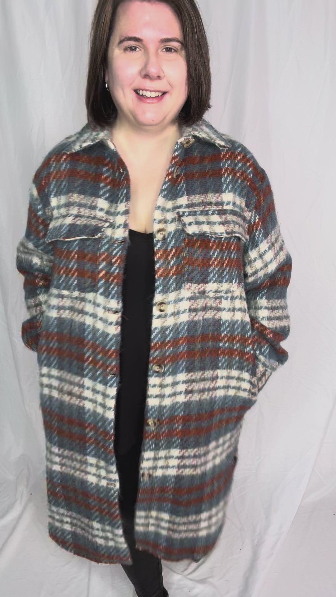 Arriane Button Down Long Plaid Coat- BLUE RUST