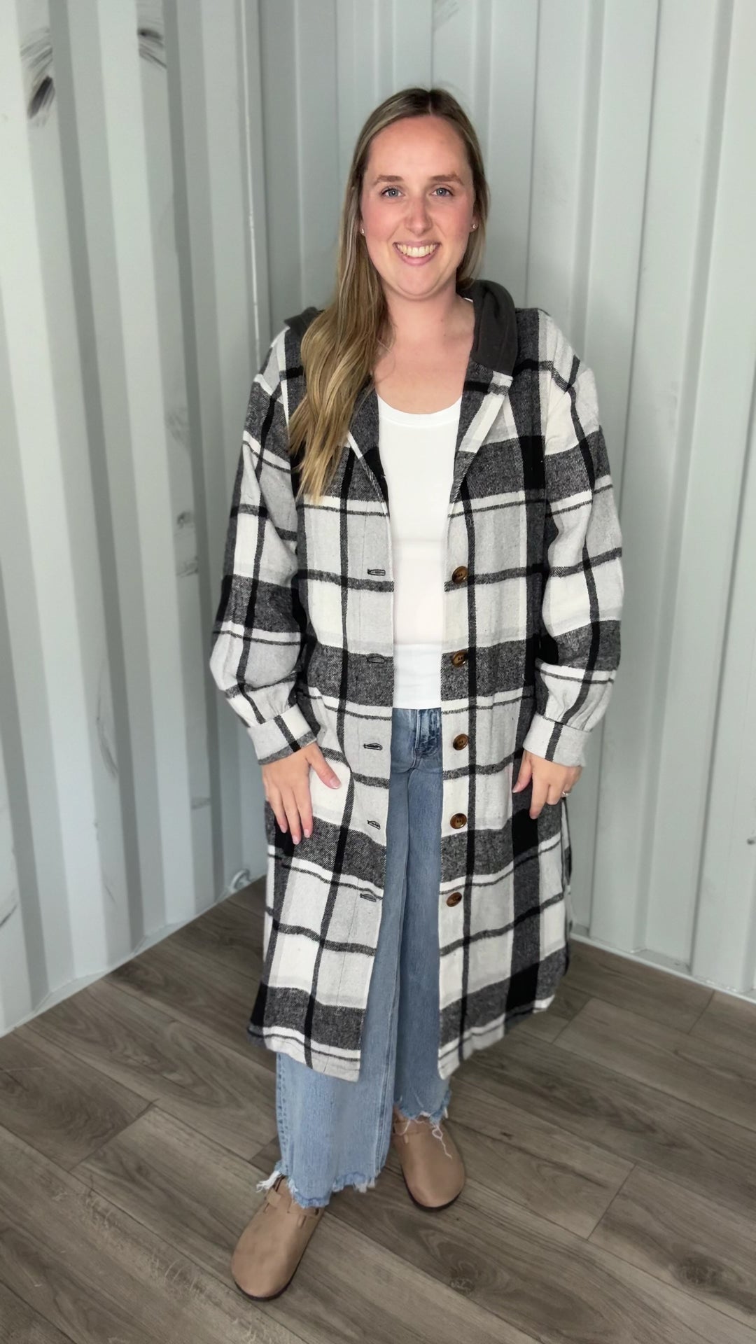 Pinewood Long Line Hooded Plaid Shacket- BLACK