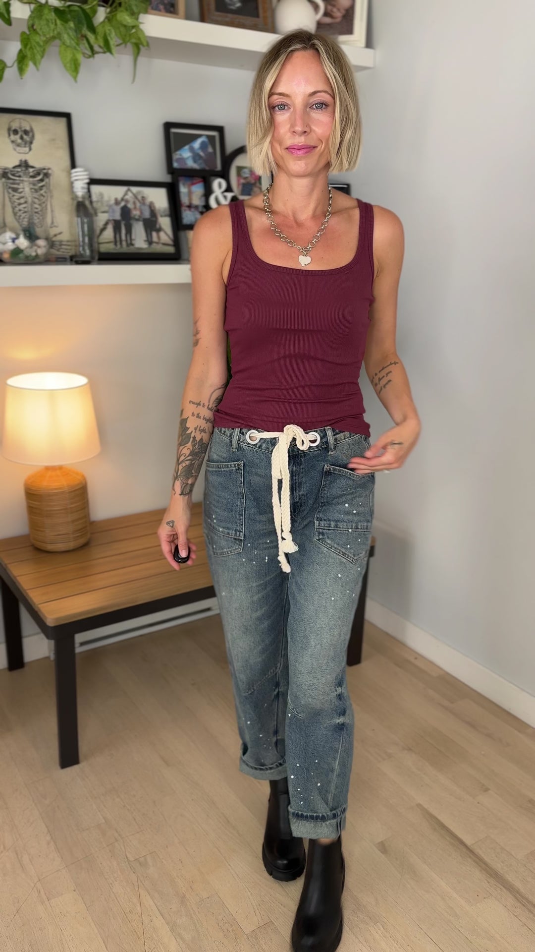 Mono B Billie Square Neck Micro RIbbed Tank Top- ROSEWOOD