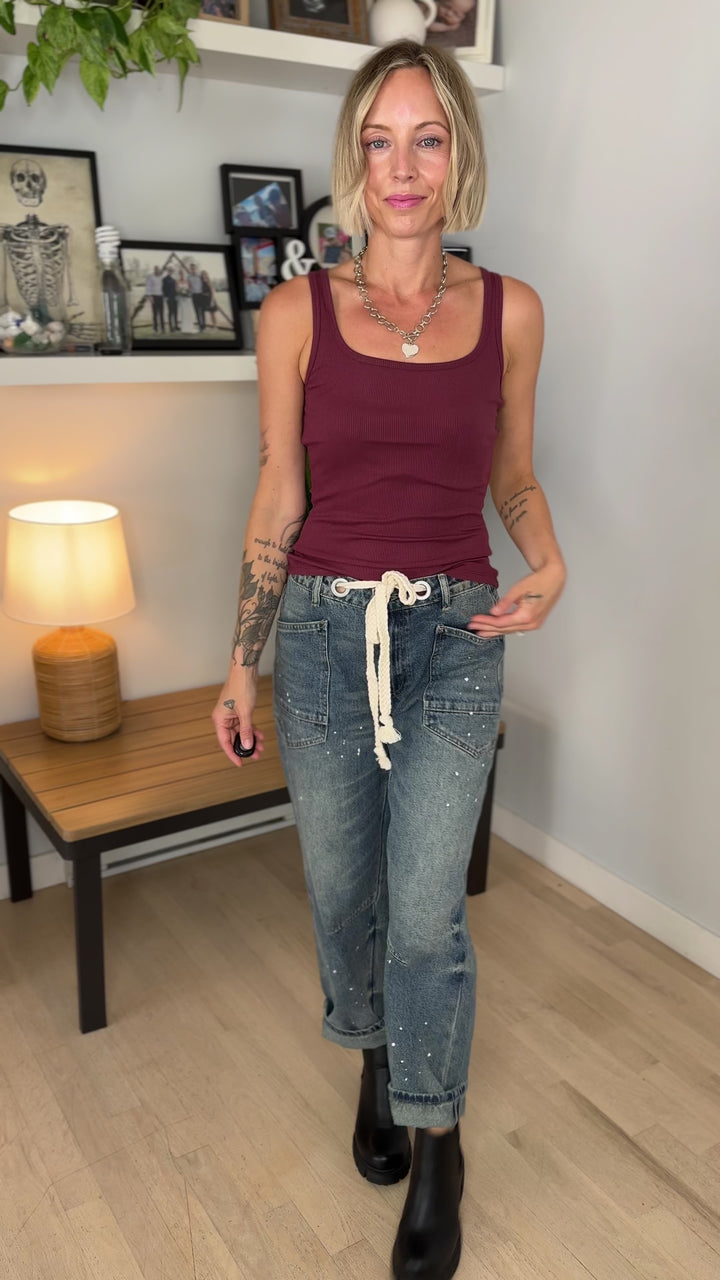 Mono B Billie Square Neck Micro RIbbed Tank Top- ROSEWOOD