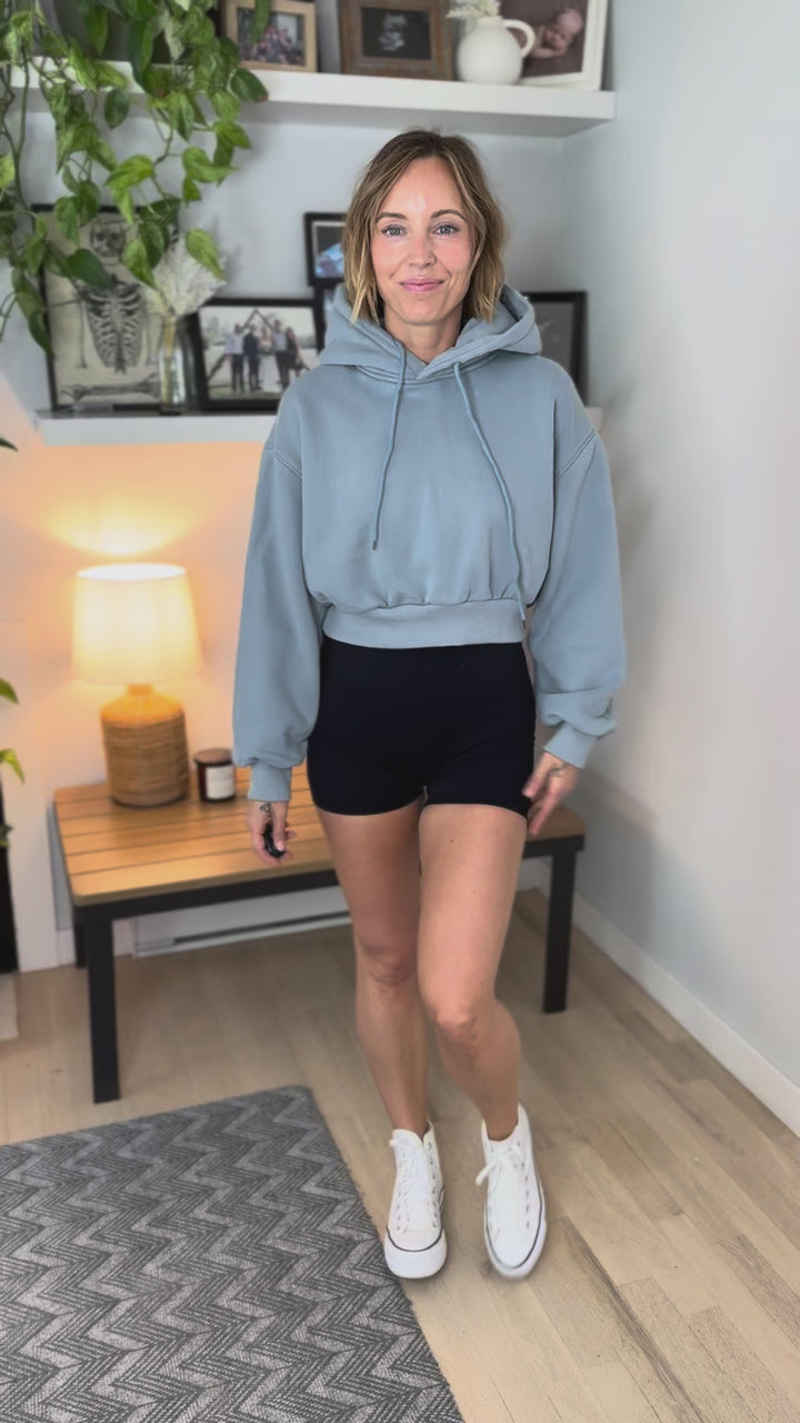 Penelope Cropped Fleece Hoodie- DUSTY BLUE