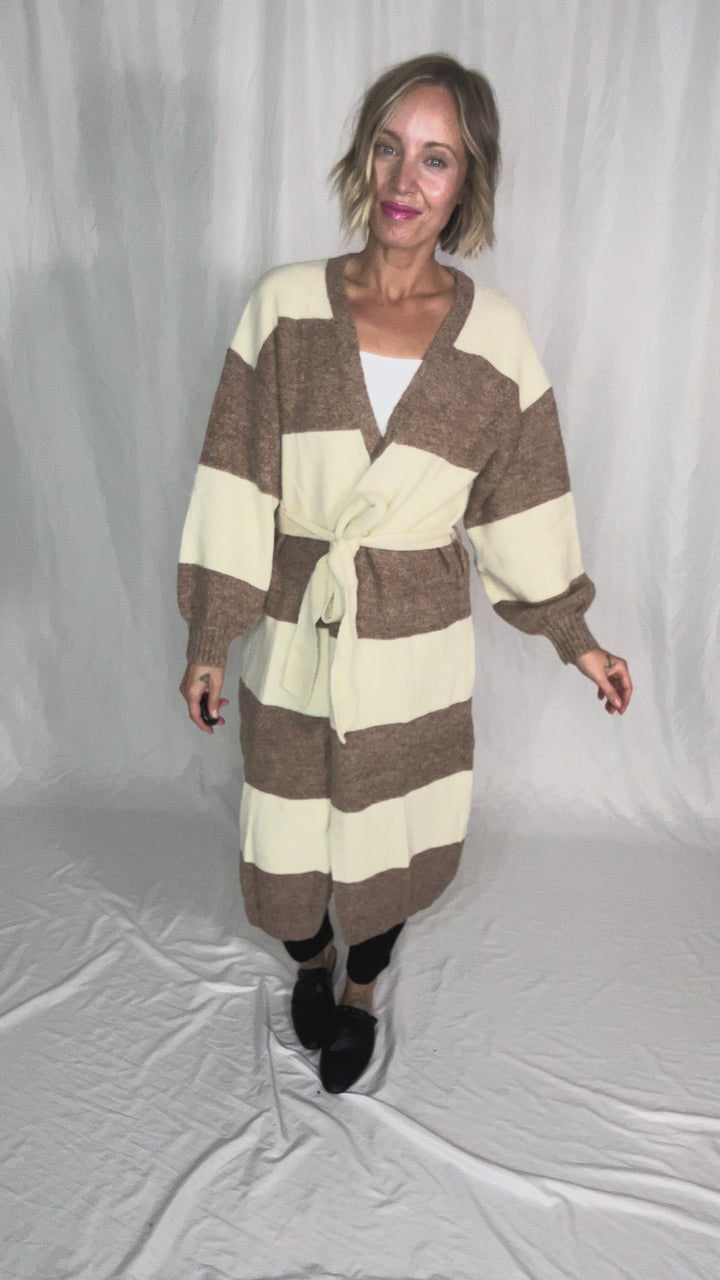 Cove Cozy Stripe Robe Cardigan- CREAM/TAUPE STRIPE