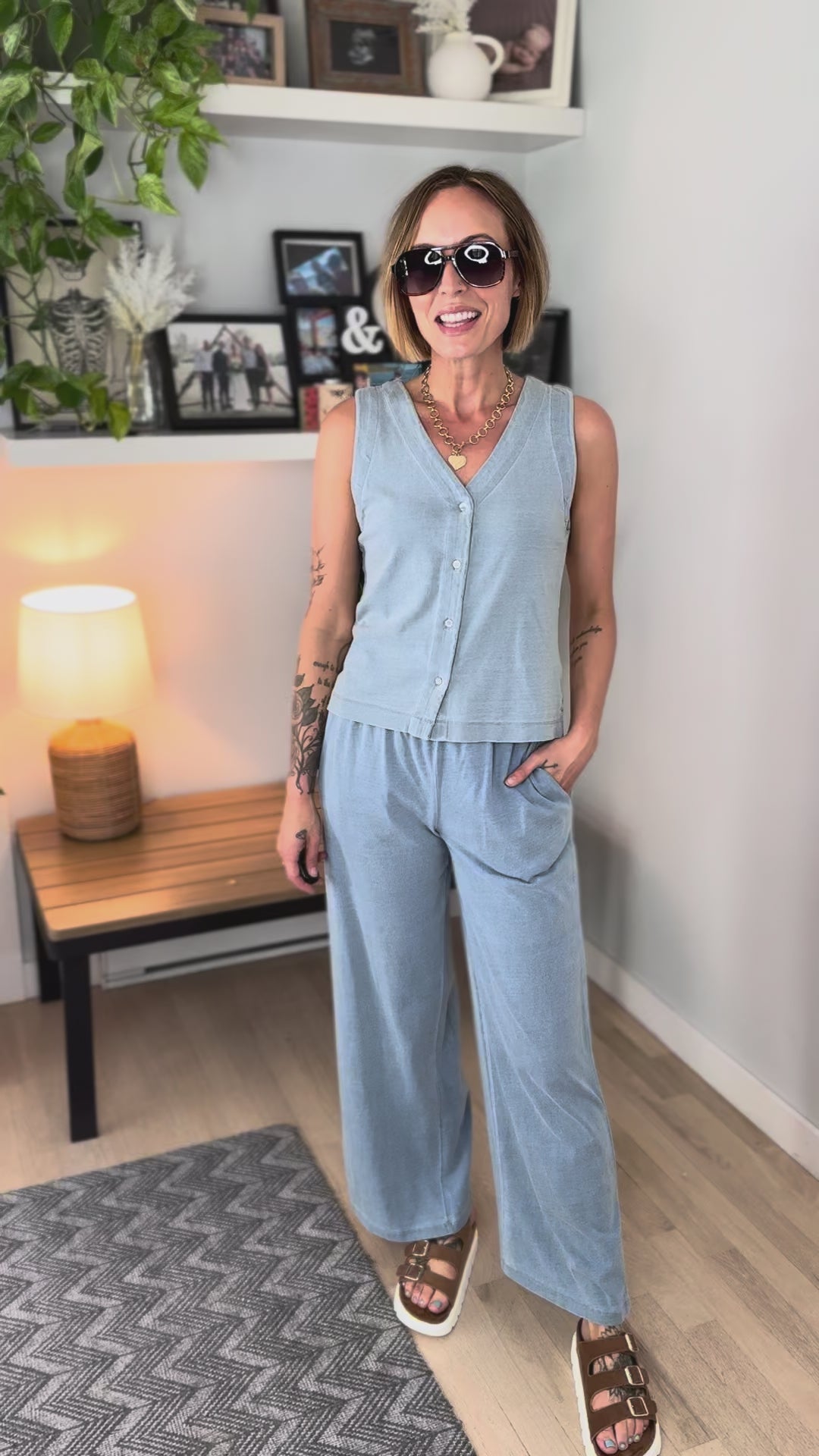 Tara Wide Leg Pants & Vest Top Cotton Set- LIGHT DENIM