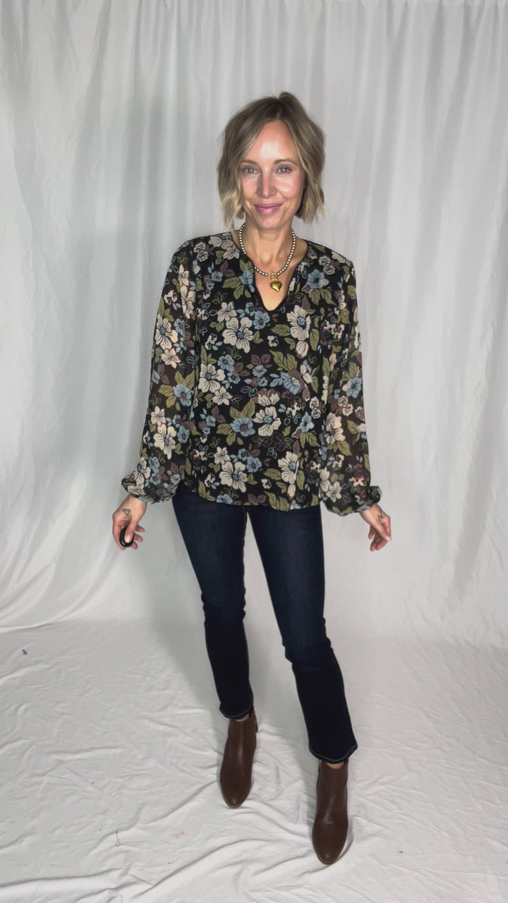 Elora Notch Neck Long Sleeve Floral Top- BLACK/MULTI FLORAL