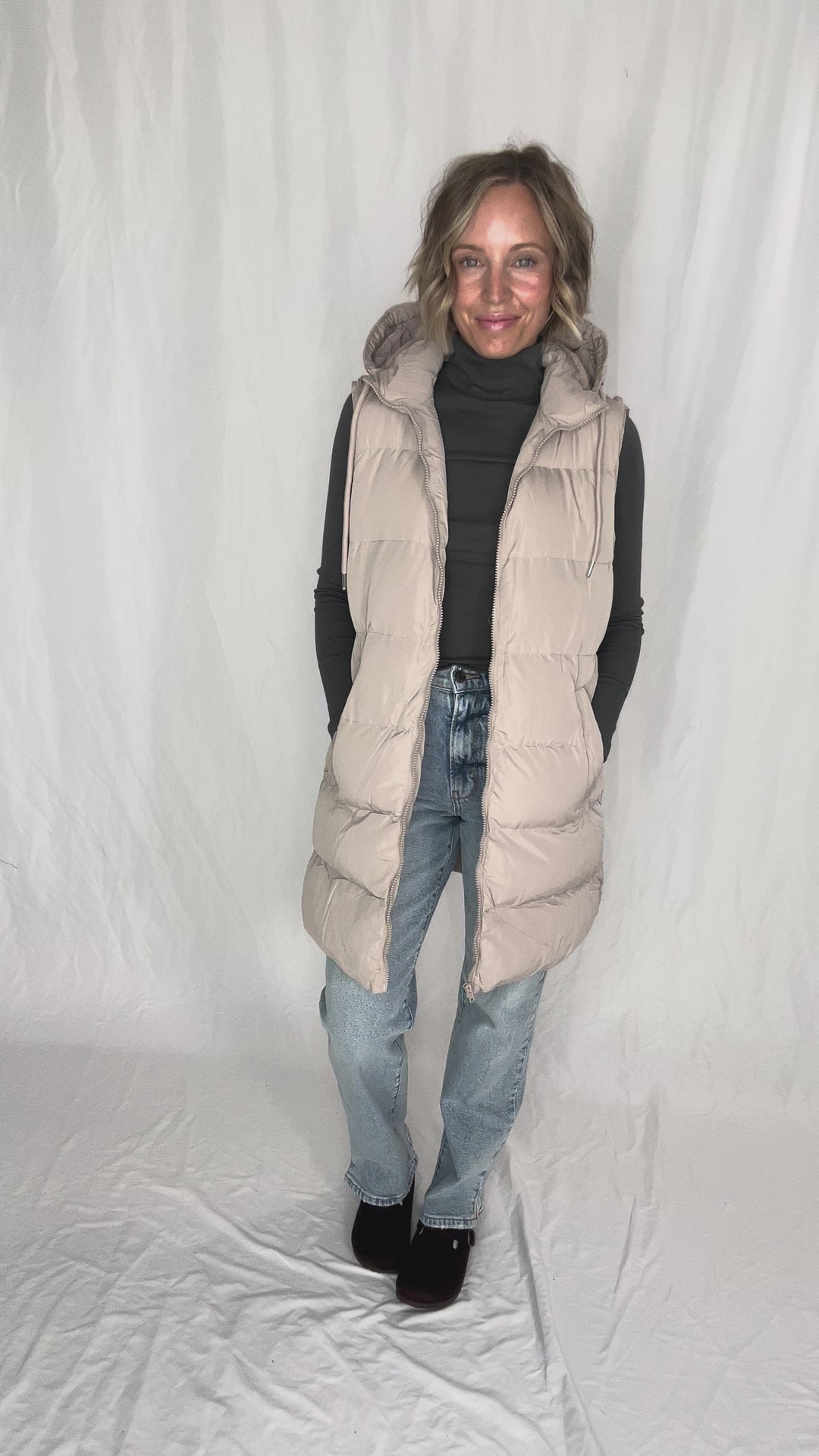 Maria  Hooded Zipper Longline Puffer Vest- COOL TAUPE GREY