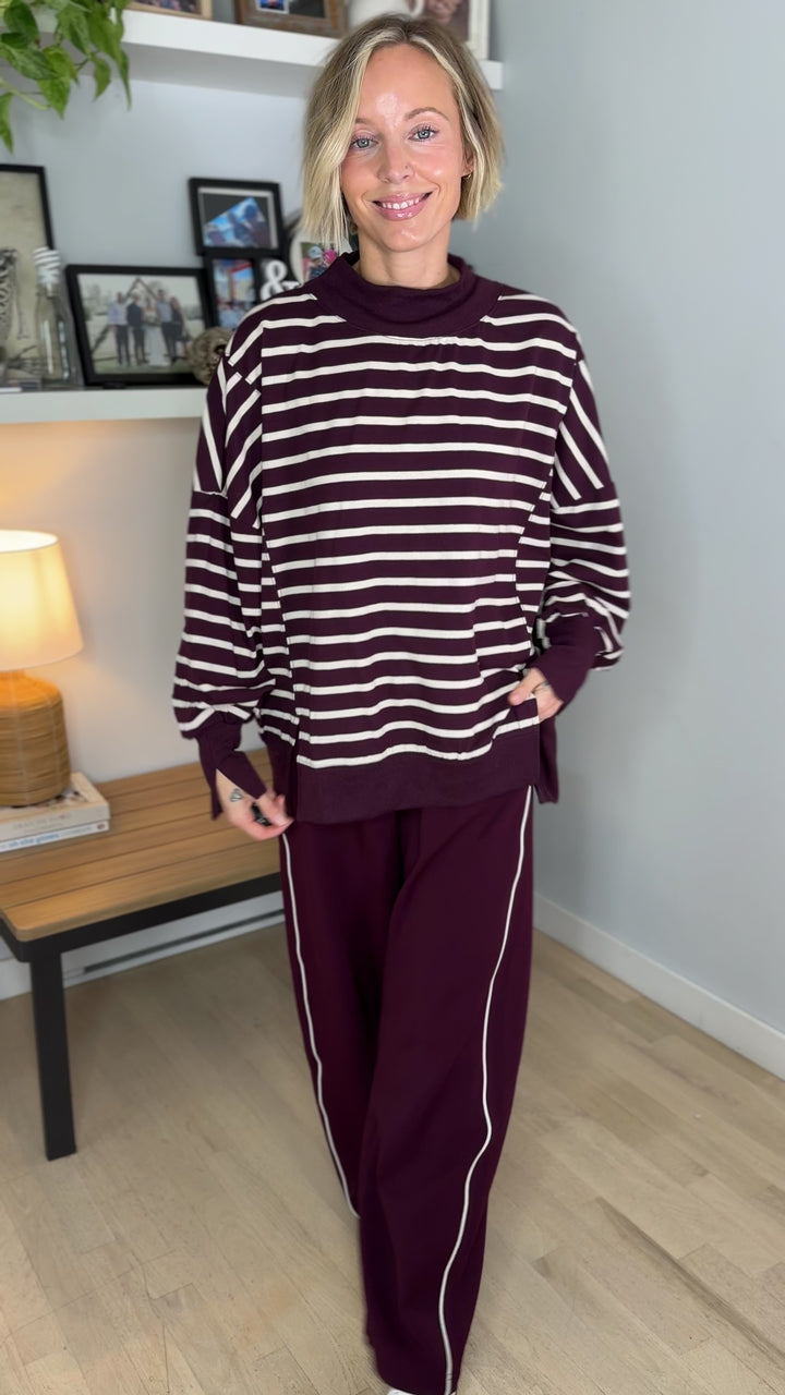 Juniper Mock Neck Stripe Pullover- RASBERRY/ECRU