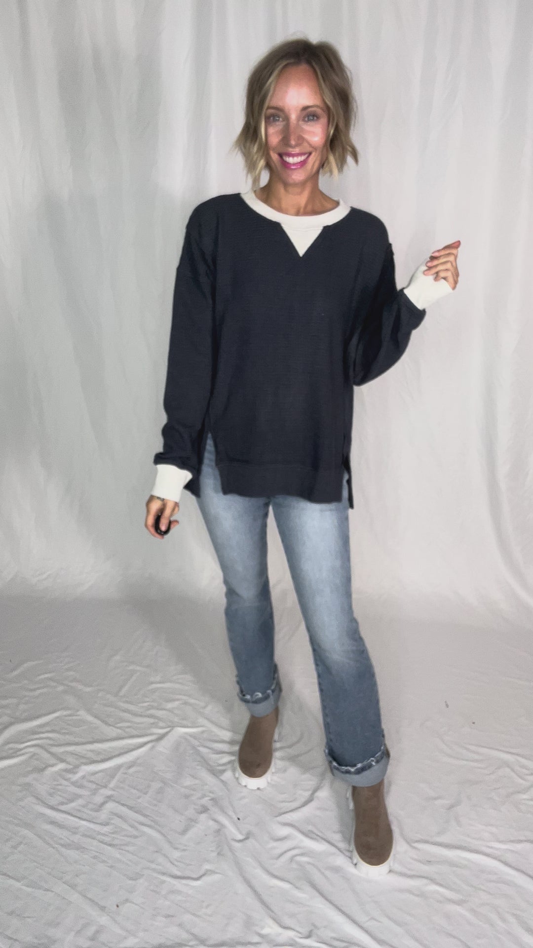 Loom Brushed Thermal Crew Neck Pullover- NAVY