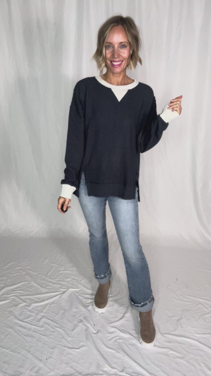 Loom Brushed Thermal Crew Neck Pullover- NAVY