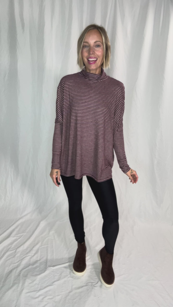 Mira Mock Neck Top- DARK CHERRY/ CREAM