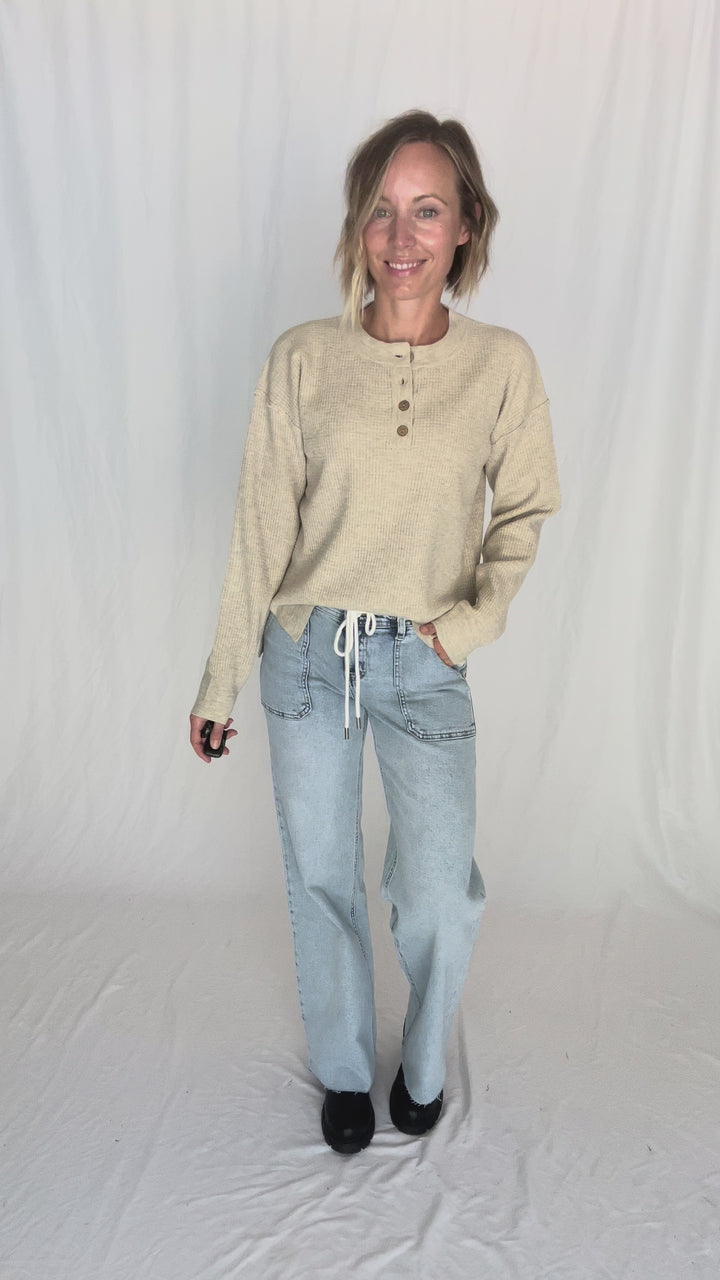 Kayla Waffle Knit Henley Sweater- OATMEAL