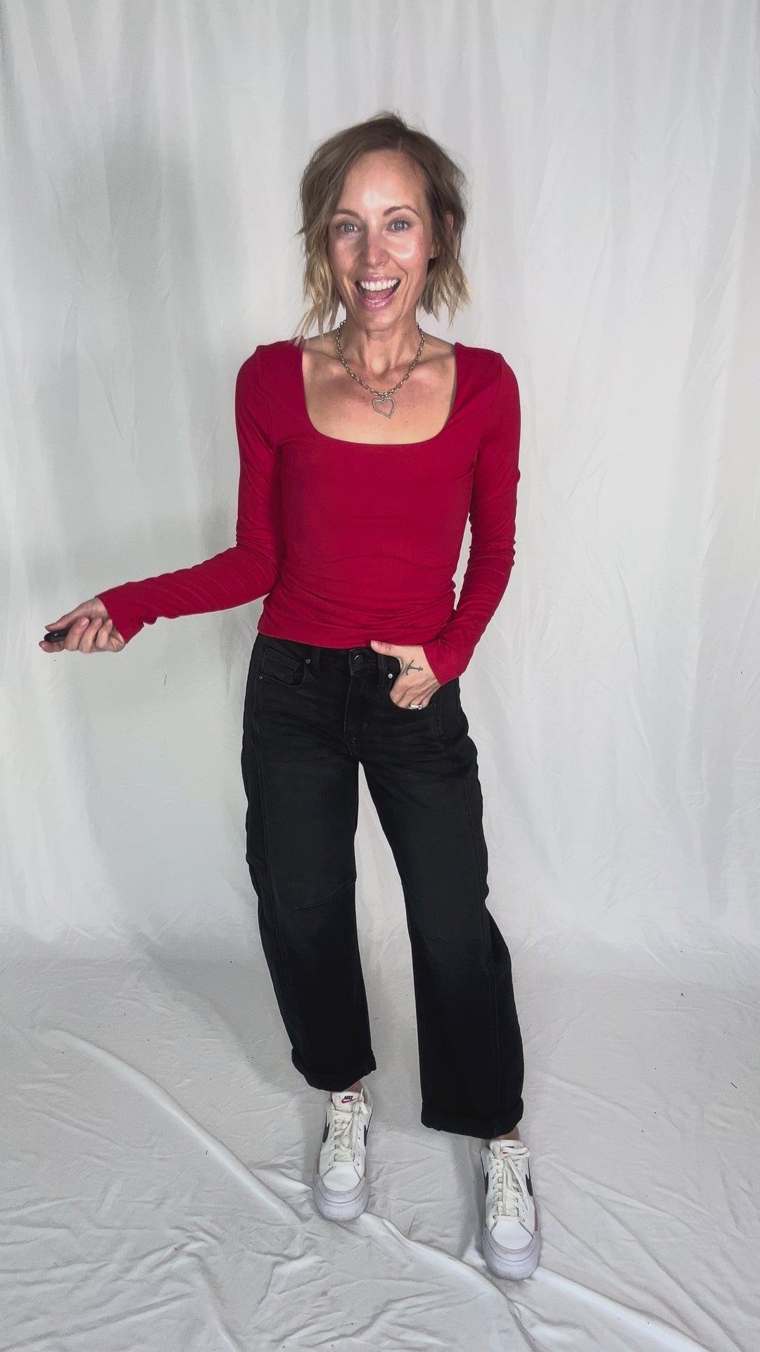 Ayla Butter Square Neck Long Sleeve Top- TRUE RED