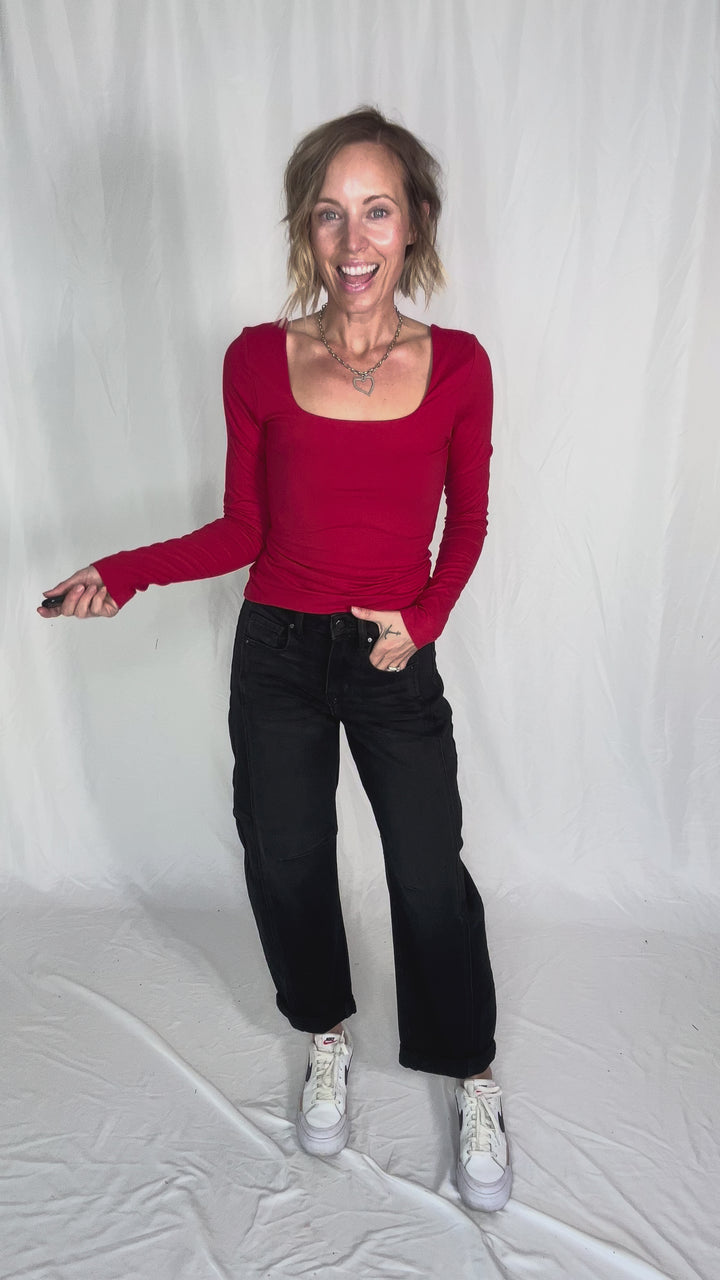 Ayla Butter Square Neck Long Sleeve Top- TRUE RED
