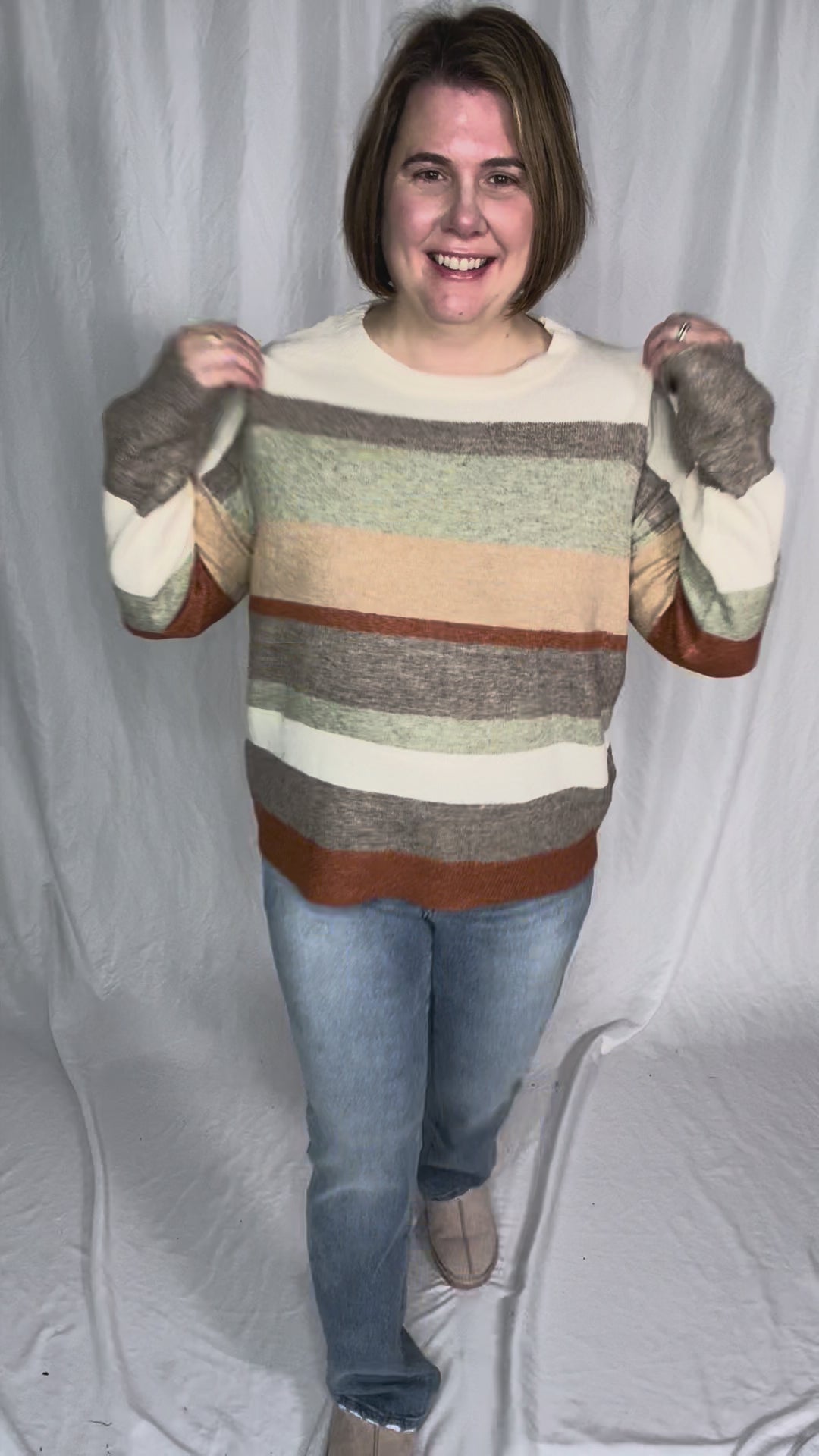 Jamie Colour Block Crew Neck Sweater- MOCHA/TAUPE